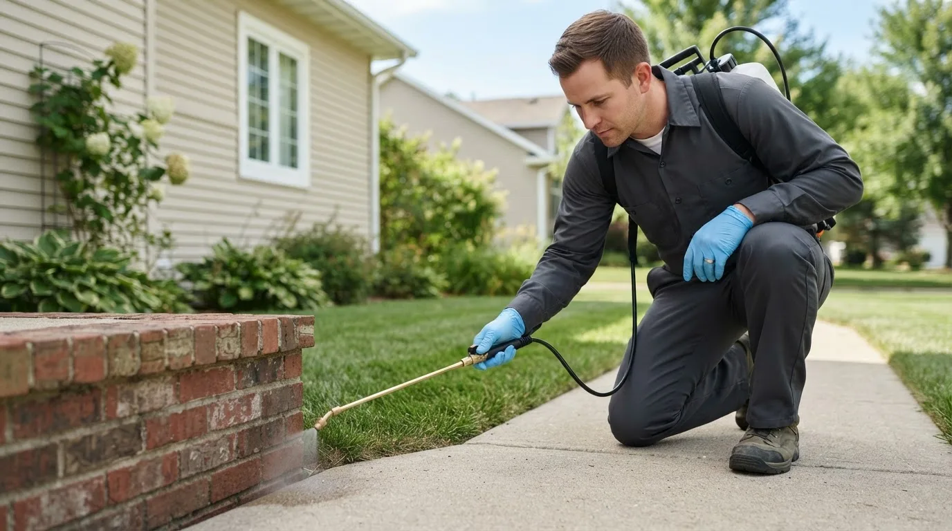 Pest control technician treating a home near Danese, WV